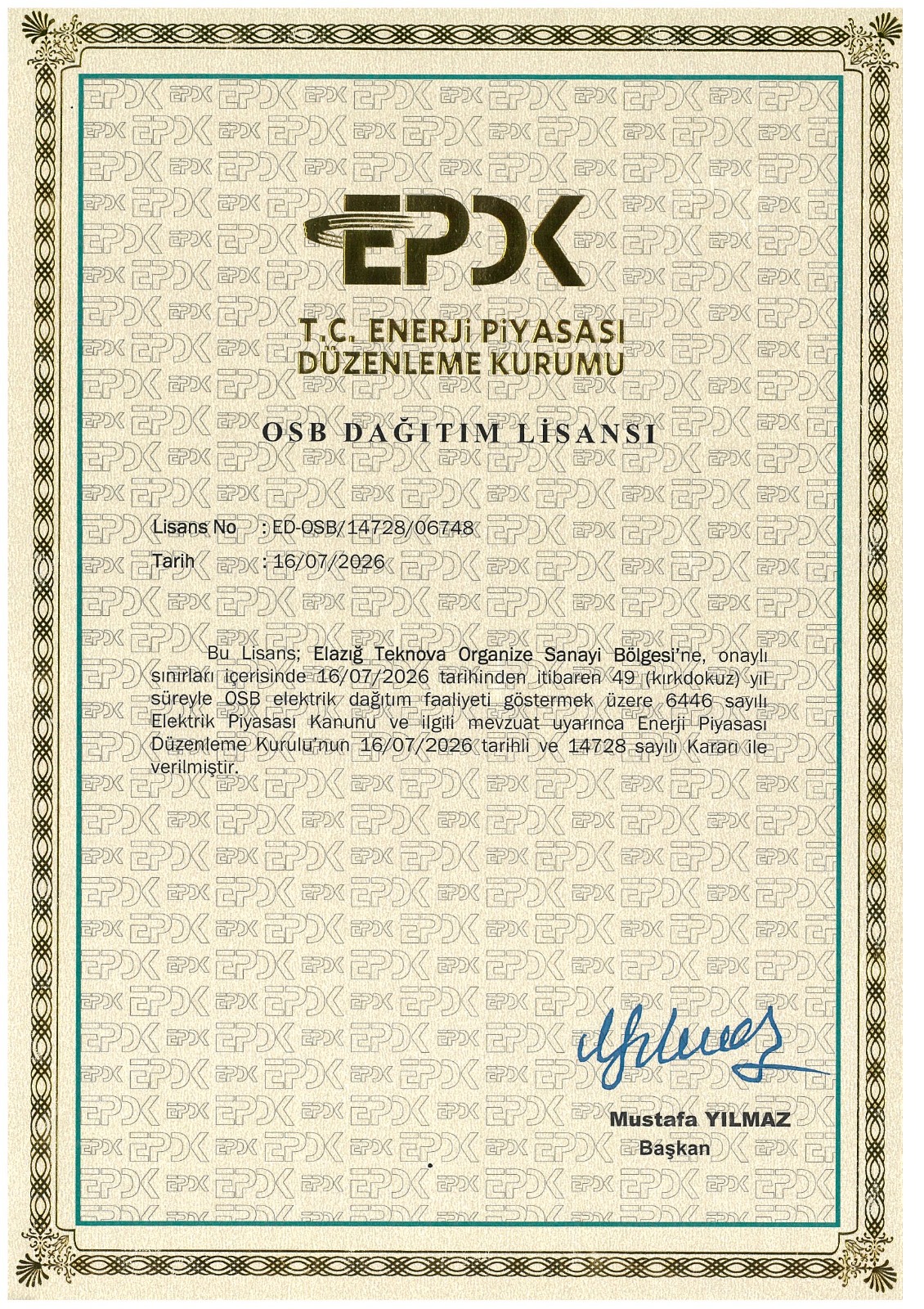EPDK OSB Elektrik Dağıtım Lisansı